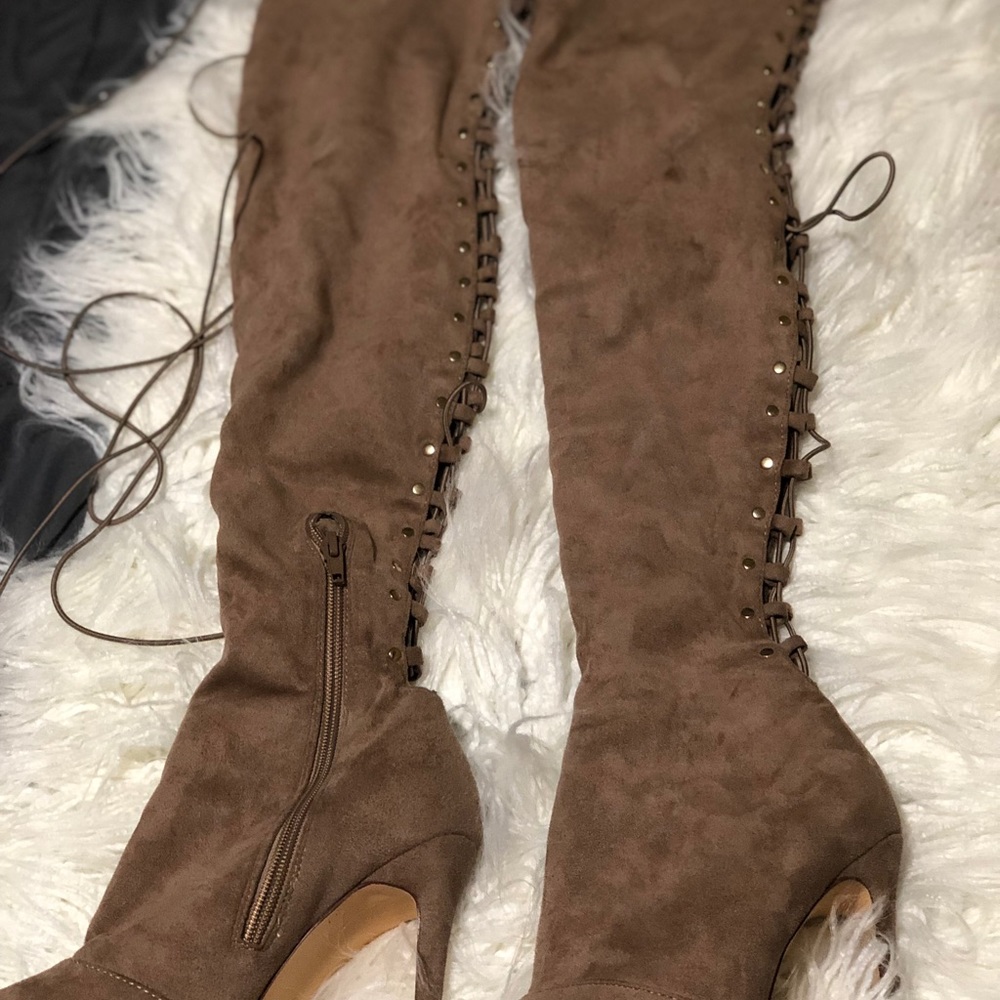 Nude/brown thigh high boots lolashoetique